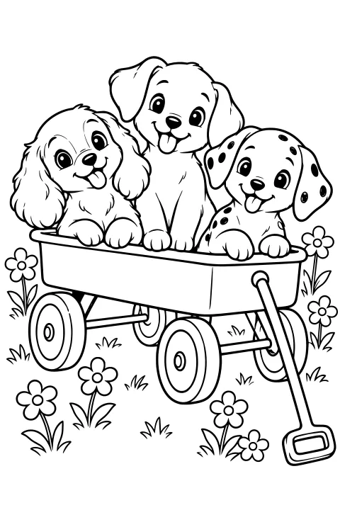 Three puppies with floppy ears sit in a pull wagon among flowers and grass, with one puppy showing spotted fur.