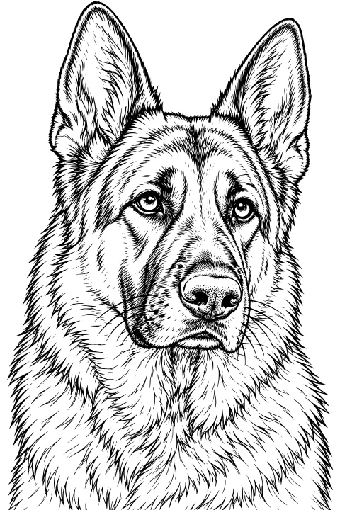 Close-up line art portrait of a German Shepherd with upright ears, detailed eyes, a broad muzzle, and thick layered fur around the neck and chest.