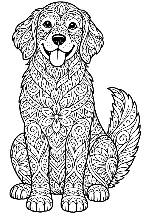 Seated dog with a raised tail, extended tongue, and intricate floral, leaf, spiral, and dotted patterns across its body.