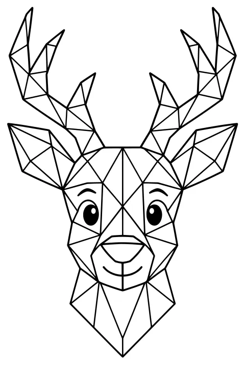 Front-facing reindeer head formed from angular geometric sections, with branching antlers, pointed ears, oval eyes, a rounded nose, and a tapered neck.