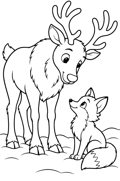 Antlered reindeer standing in snow beside a seated fox with a bushy tail, both facing each other.