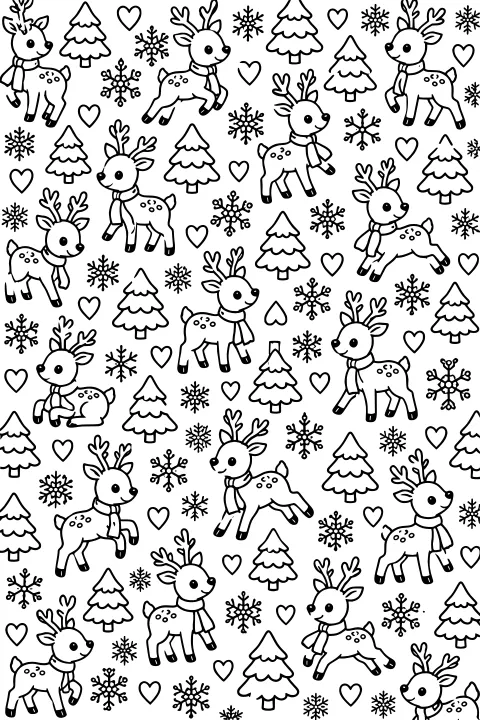 Scarf-wearing reindeer arranged among snowflakes, evergreen trees, and hearts, with antlers, body spots, and dark hooves.