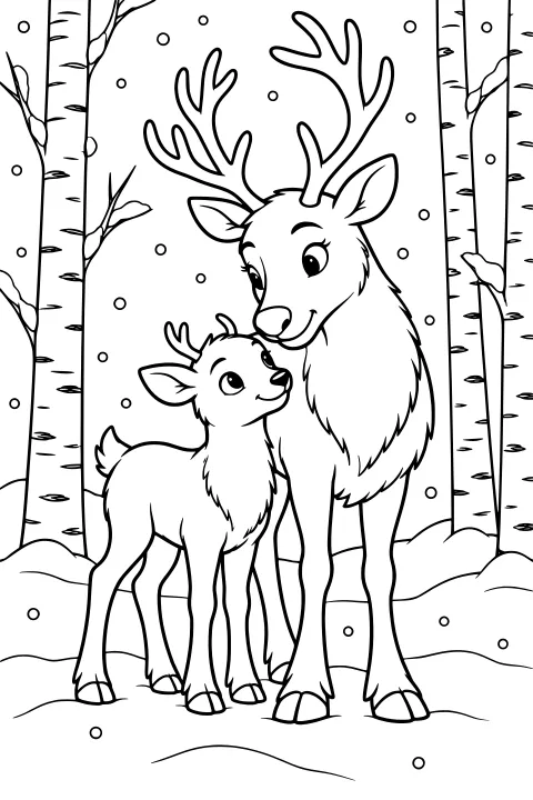 A reindeer calf looking up at an antlered adult reindeer among birch trunks, falling snow, and rounded snowbanks.