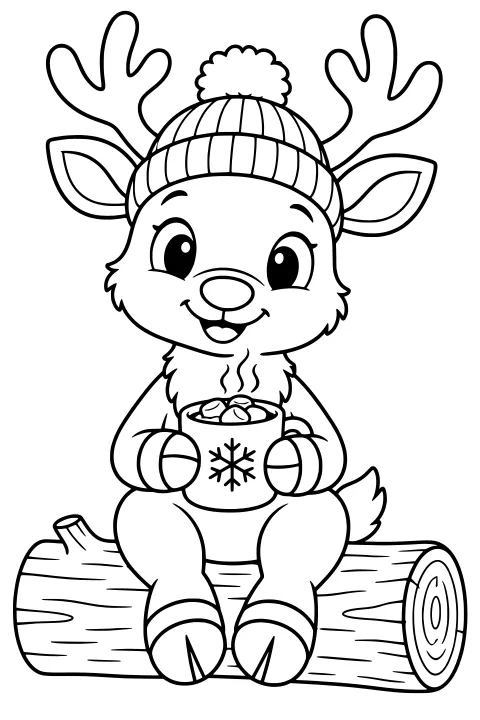 Reindeer in a striped winter hat holding a steaming mug with marshmallows while sitting on a log.