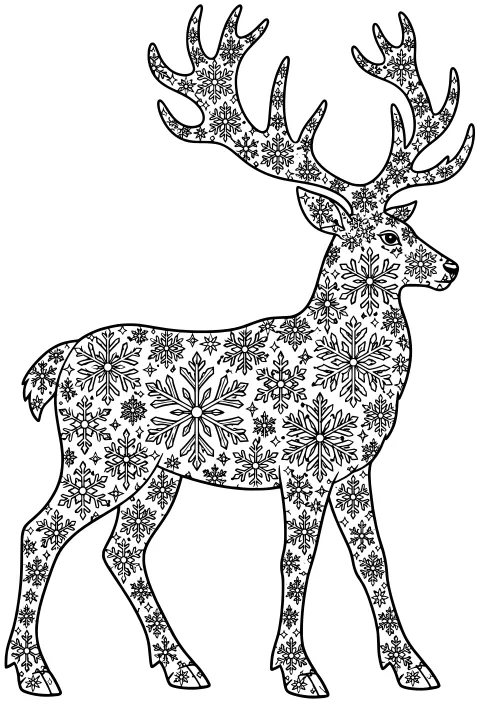 Side-facing reindeer with branching antlers and a body filled with detailed snowflakes and small stars.
