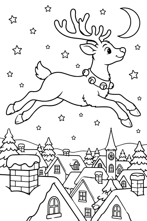 Bell-collared reindeer flying beneath a crescent moon and stars above snowy rooftops, evergreen trees, chimneys, and a clock tower.
