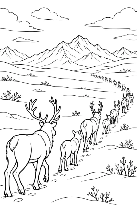 Black-and-white line art of reindeer following a curved trail through snowy tundra, with hoofprints, shrubs, clouds, and distant mountains.