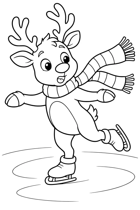 Reindeer ice skating with one leg raised, forelegs extended, large antlers, a striped fringed scarf, and cuffed skate boots.