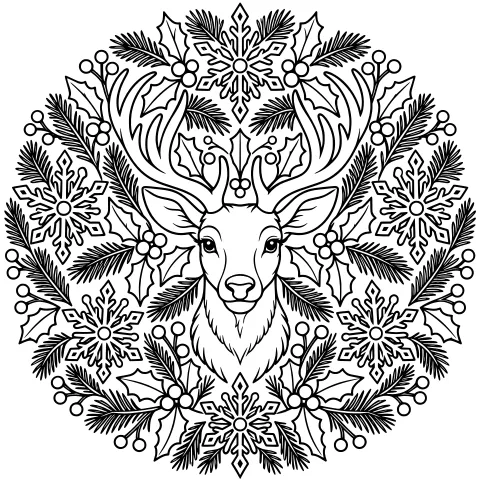 Front-facing reindeer head with branching antlers, surrounded by snowflakes, holly, berries, evergreen sprigs, and small birds in a circular arrangement.