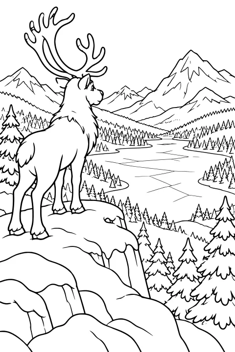Reindeer with large antlers standing on a snowy rock ledge above an evergreen valley, winding waterway, and distant mountains
