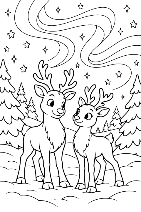 Two reindeer with branching antlers standing among snowdrifts and evergreen trees beneath sweeping northern lights and scattered stars.