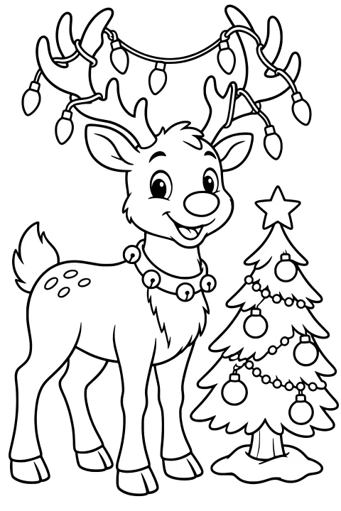 Reindeer wearing a bell collar with bulb lights looped through its antlers, standing beside an ornamented evergreen tree topped with a star.