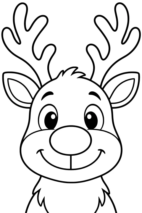 Front-facing reindeer head with branching antlers, pointed ears, wide eyes, an oval nose, a curved mouth, and jagged neck fur.