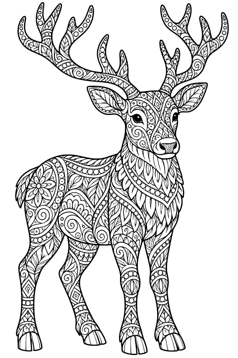 Standing reindeer with branching antlers and intricate leaf, spiral, diamond, and floral patterns covering its body