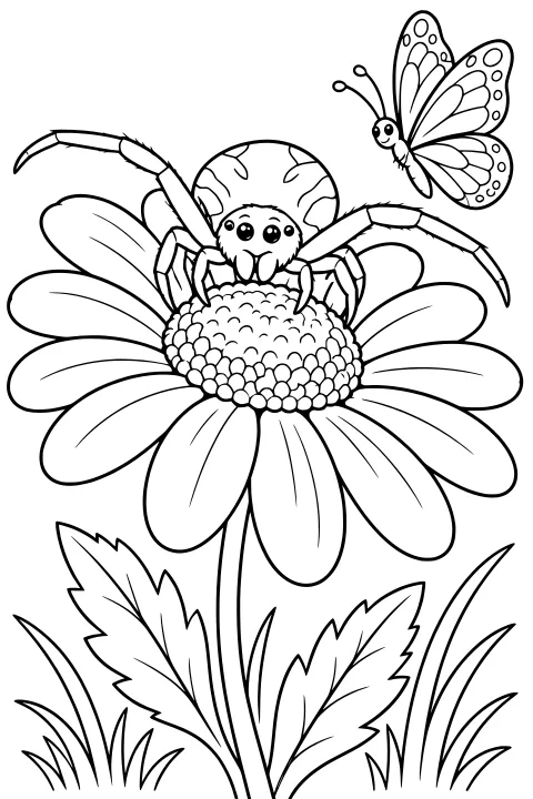Wide-legged crab spider resting on a large daisy as a patterned butterfly hovers above leafy stems and grass.