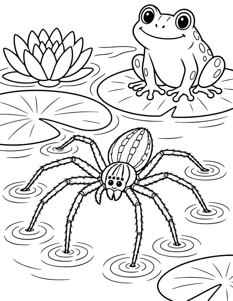 Large hairy fishing spider on pond water with ripples, lily pads, a water lily, and a frog resting nearby.