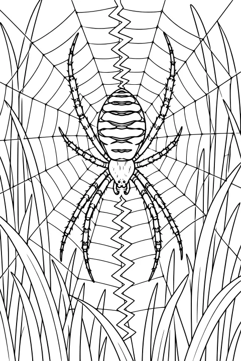 Large garden spider with a patterned abdomen and spiny legs resting in an orb web with a central zigzag band, surrounded by tall grass
