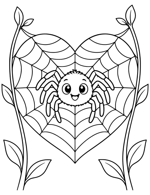 Round spider with large eyes and an open mouth resting at the center of a heart-shaped web between tall stems with pointed leaves.