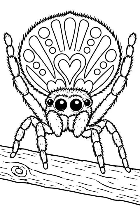 Wide-eyed peacock spider raising its front legs and displaying a patterned fan while standing on a wood-grain branch.