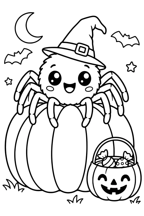 Wide-eyed spider in a pointed witch hat beside a pumpkin-shaped candy bucket, with a crescent moon, bats, stars, and grass around its segmented body.