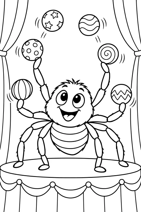 Cartoon spider juggling patterned balls on a decorated stage framed by tied curtains.