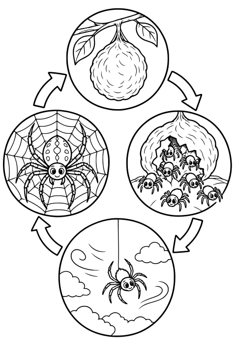 Spider life cycle with an egg sac on a branch, emerging spiderlings, an airborne young spider among clouds, and an adult in a web, linked by arrows.