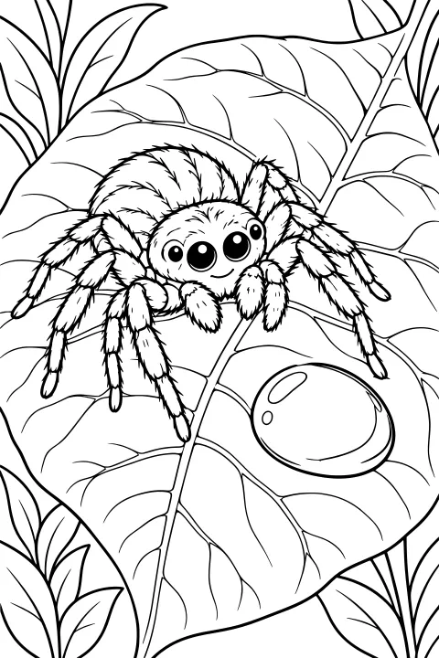 Close-up line art of a fuzzy, large-eyed spider resting on veined leaves beside a rounded water droplet.