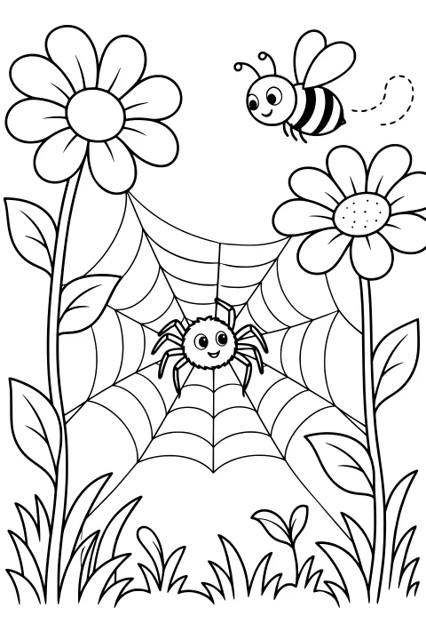 Round spider sitting in a large web between tall flowers and leafy stems, with a striped bee flying overhead and grass below