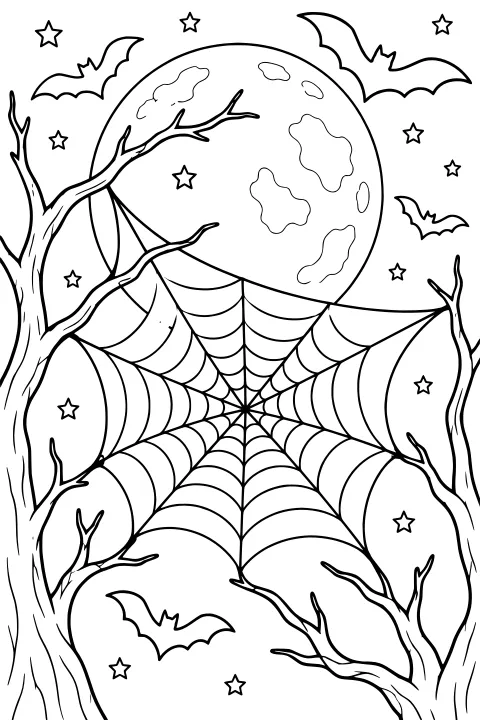 Large spider web framed by bare branches, with a cratered full moon, flying bats, and stars in the background.