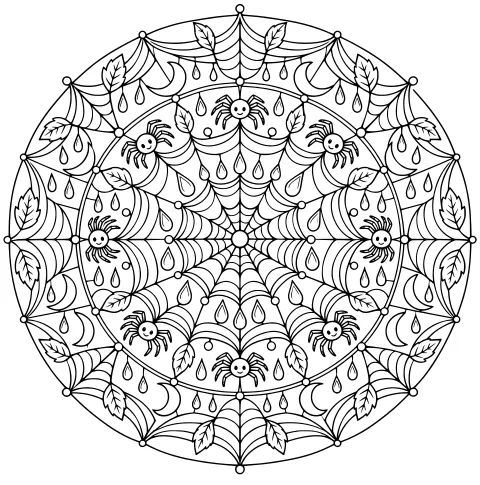 Circular spider web mandala with small spiders, pointed leaves, crescent shapes, droplets, curls, and connecting nodes.