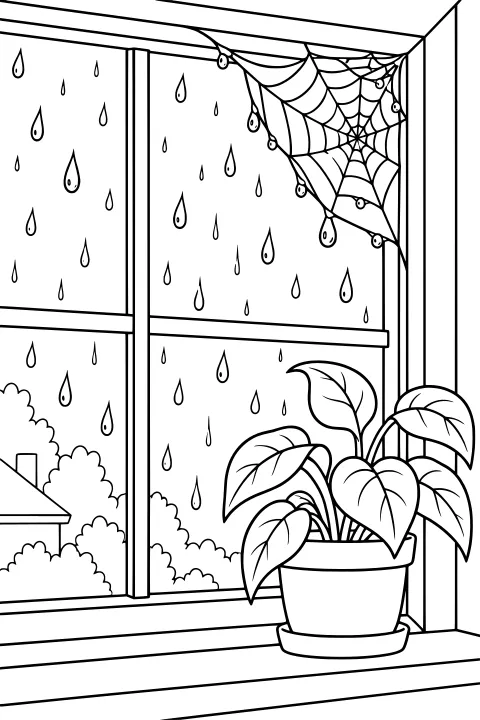 Spider web stretched across the corner of a window dotted with raindrops, with a leafy plant in a pot on the sill and shrubs visible outside.