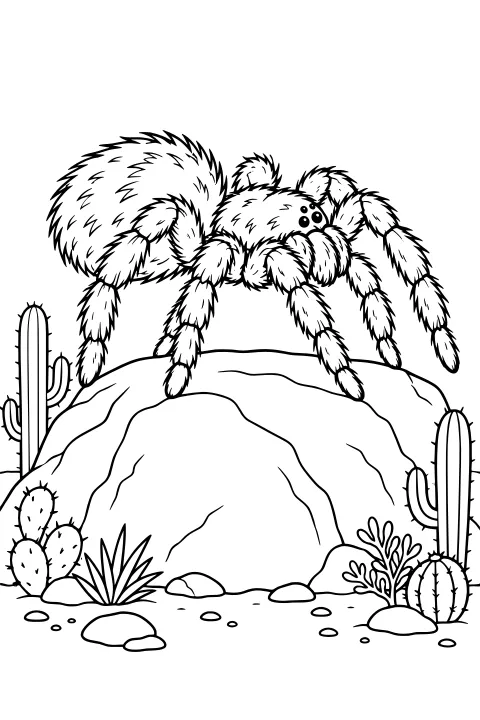 Shaggy tarantula perched on a large desert rock, surrounded by tall cacti, prickly pear pads, spiky plants, shrubs, and scattered stones.
