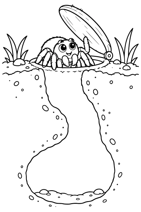 Large-eyed spider peeking from a deep underground burrow while holding open a hinged oval lid, surrounded by grass, stones, and soil.