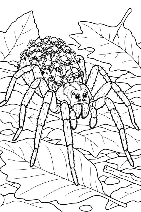 Hairy spider carrying a cluster of spiderlings on its back among fallen leaves, pebbles, and a twig.