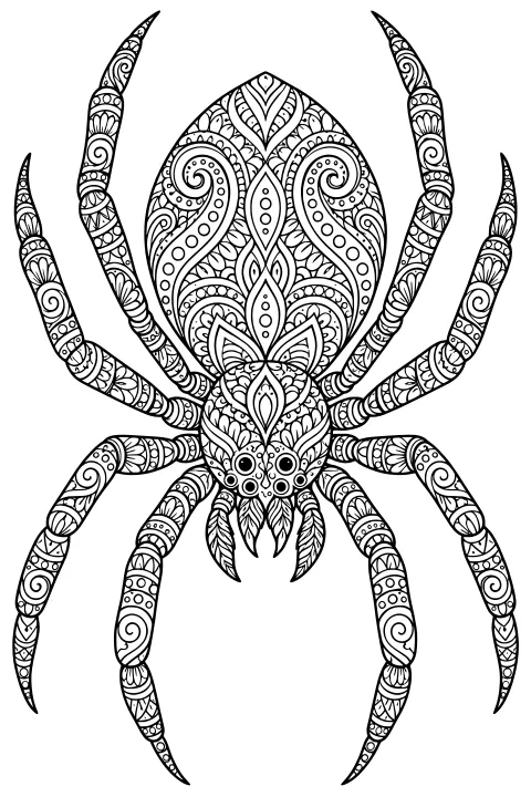 Front-facing ornate spider with a large oval abdomen, extended legs, prominent eyes and fangs, all filled with intricate swirling and floral patterns.