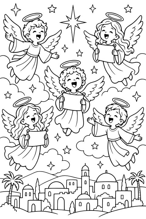 Angel choir with halos, wings, robes, and song sheets singing among stars and clouds above Bethlehem, with domed buildings and palm trees below.