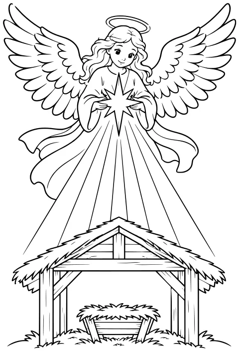 Angel with a halo and outstretched wings holding a radiant star above a wooden stable with a manger and straw
