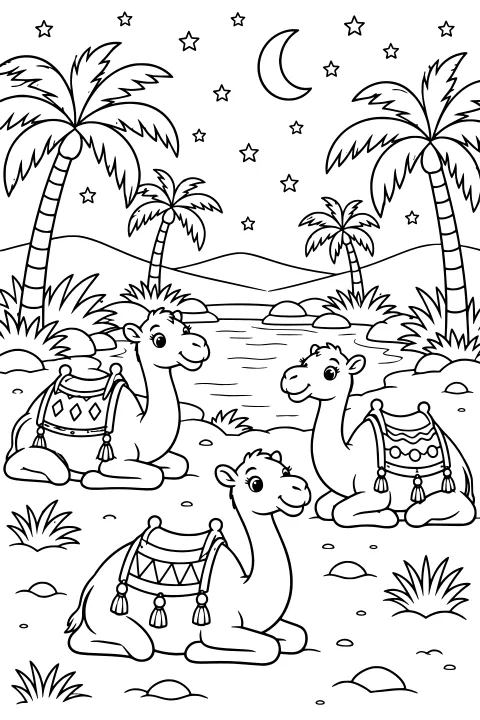 Camels with patterned saddles resting near oasis water, palm trees, desert plants, rocks, distant dunes, a crescent moon, and stars.