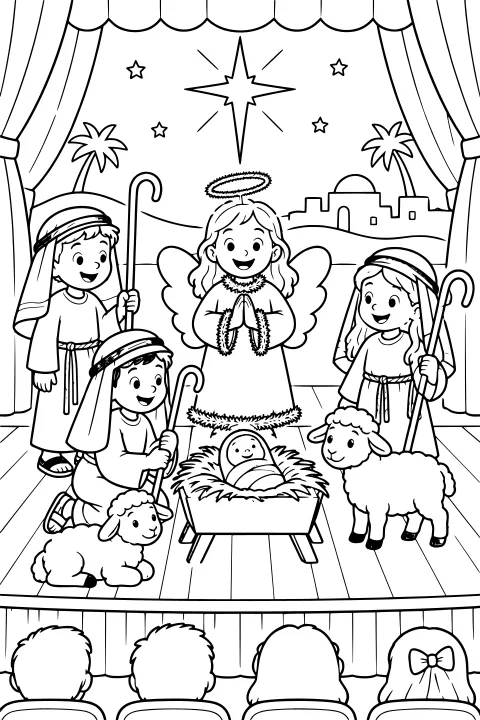 Children in robes and head coverings gather around a manger onstage with sheep, staffs, a winged costume, stars, palm trees, curtains, a town backdrop, and audience silhouettes.