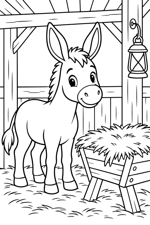 Donkey with tall ears standing beside a straw-filled manger in a wooden stable with roof beams, plank walls, scattered hay, and a hanging lantern.