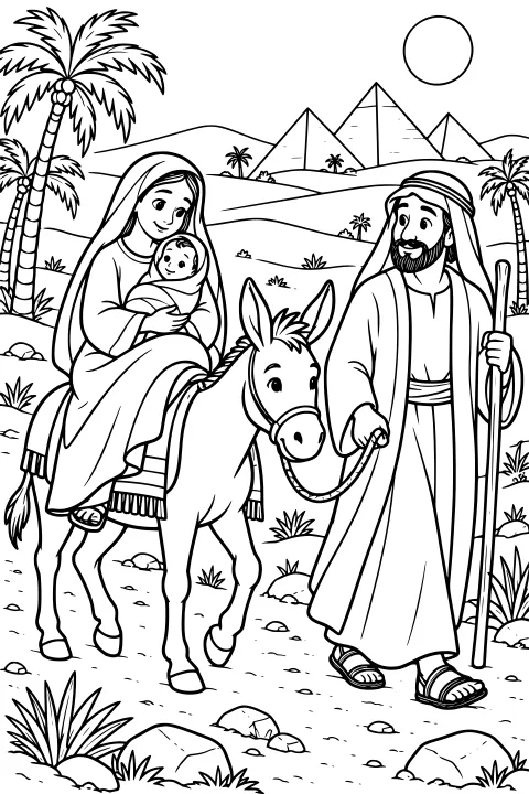The Flight into Egypt on a rocky desert path with a donkey, flowing robes, a walking staff, palm trees, dunes, pyramids, and a round sky disk.