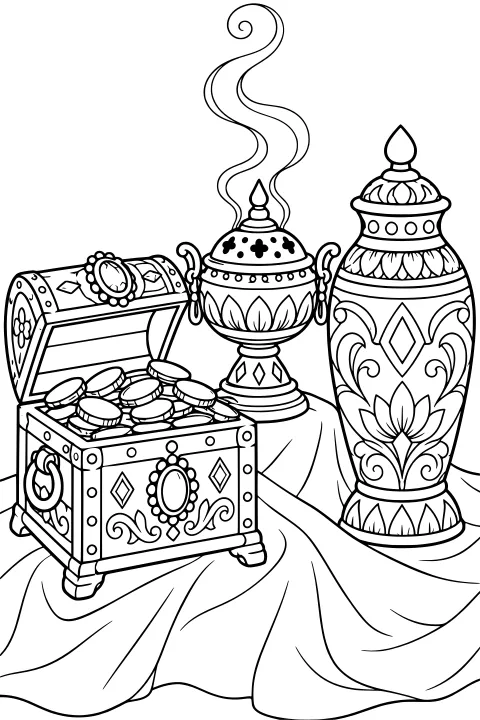 Open coin-filled treasure chest beside an ornate smoking burner and a tall lidded vessel on draped cloth.