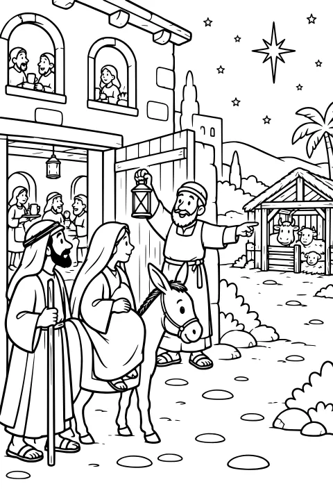 Innkeeper holding up a lantern and pointing toward a stable, with a donkey, sheltered animals, arched buildings, hills, a palm, and stars.