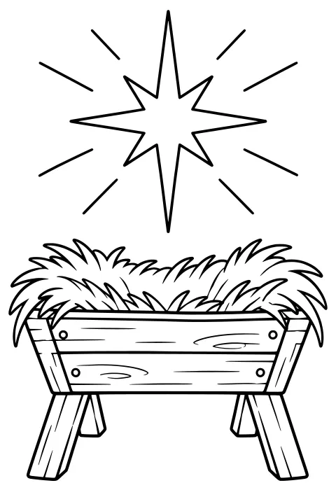 Wooden manger filled with hay beneath a large pointed star with radiating lines, plank grain, round fasteners, angled braces, and sturdy legs.