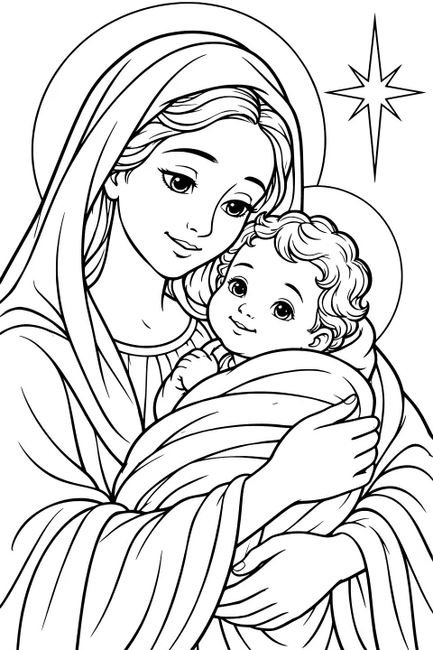 Mary holding Baby Jesus in a wrapped blanket, surrounded by flowing fabric, circular halos, and a pointed star