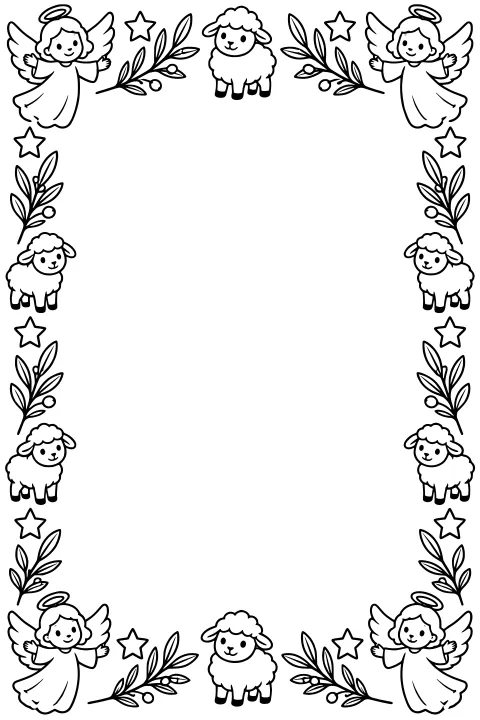 Decorative Nativity frame with halos, wings, robes, woolly fleece, stars, and leafy branches surrounding a large blank center.