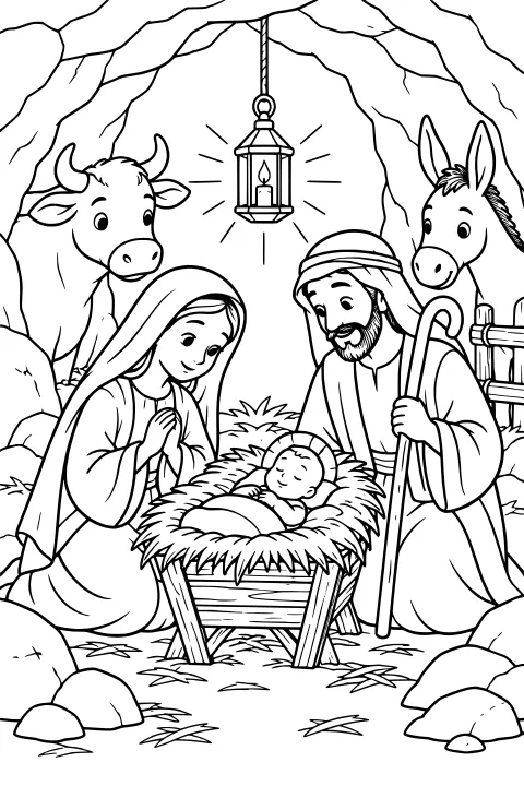 Nativity figures around a straw-filled manger in a rocky cave, with a hanging lantern, staff, cow, donkey, fence, and stones.