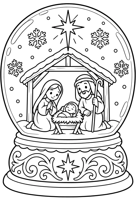 Nativity inside a snow globe with a peaked stable, star, snowflakes, and an ornate scrollwork base.