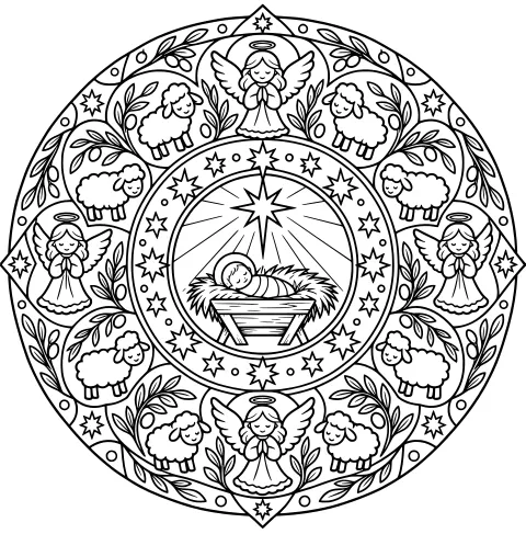 Circular Nativity mandala with a manger under a radiant star, surrounded by sheep, winged forms, leafy branches, stars, and decorative borders.