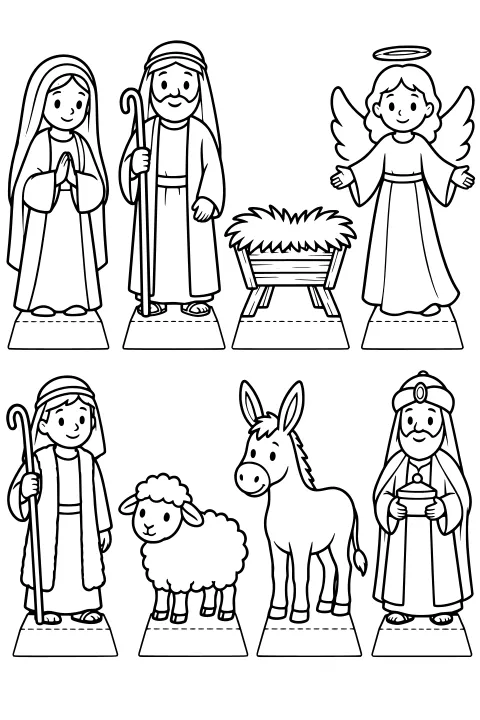 Paper nativity figures on cutout bases with a manger, staffs, wings, a halo, a sheep, a donkey, and a held gift.